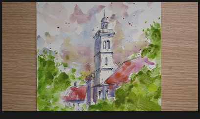 peindre et dessiner un clocher à l'aquarelle cours pratique